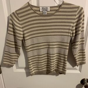 Clio Size Petites Small Taupe and White Striped Sweater